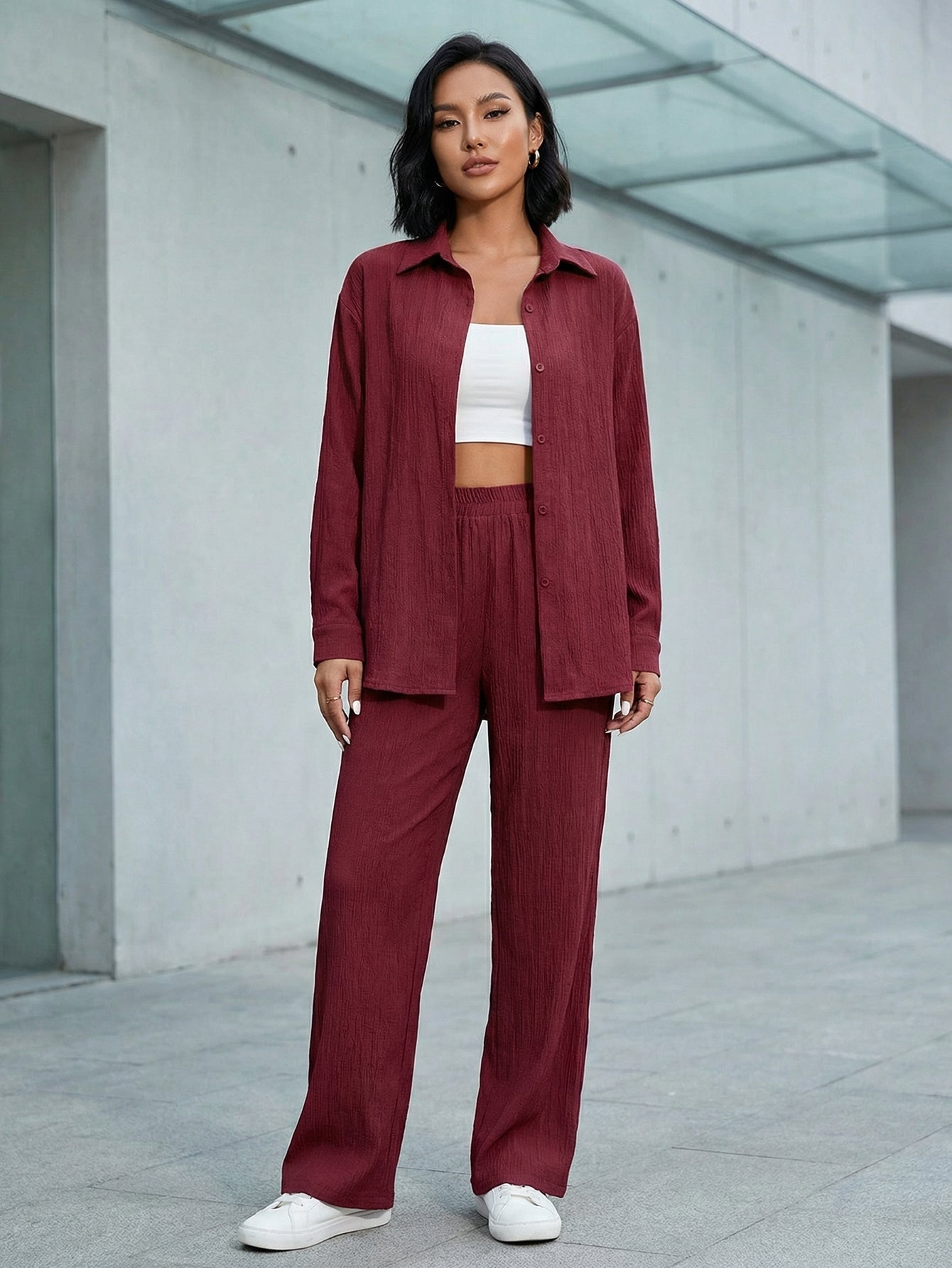 Loose-Fit Shirt Matching Wide-Leg Pants Casual Set