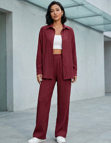 Loose-Fit Shirt Matching Wide-Leg Pants Casual Set