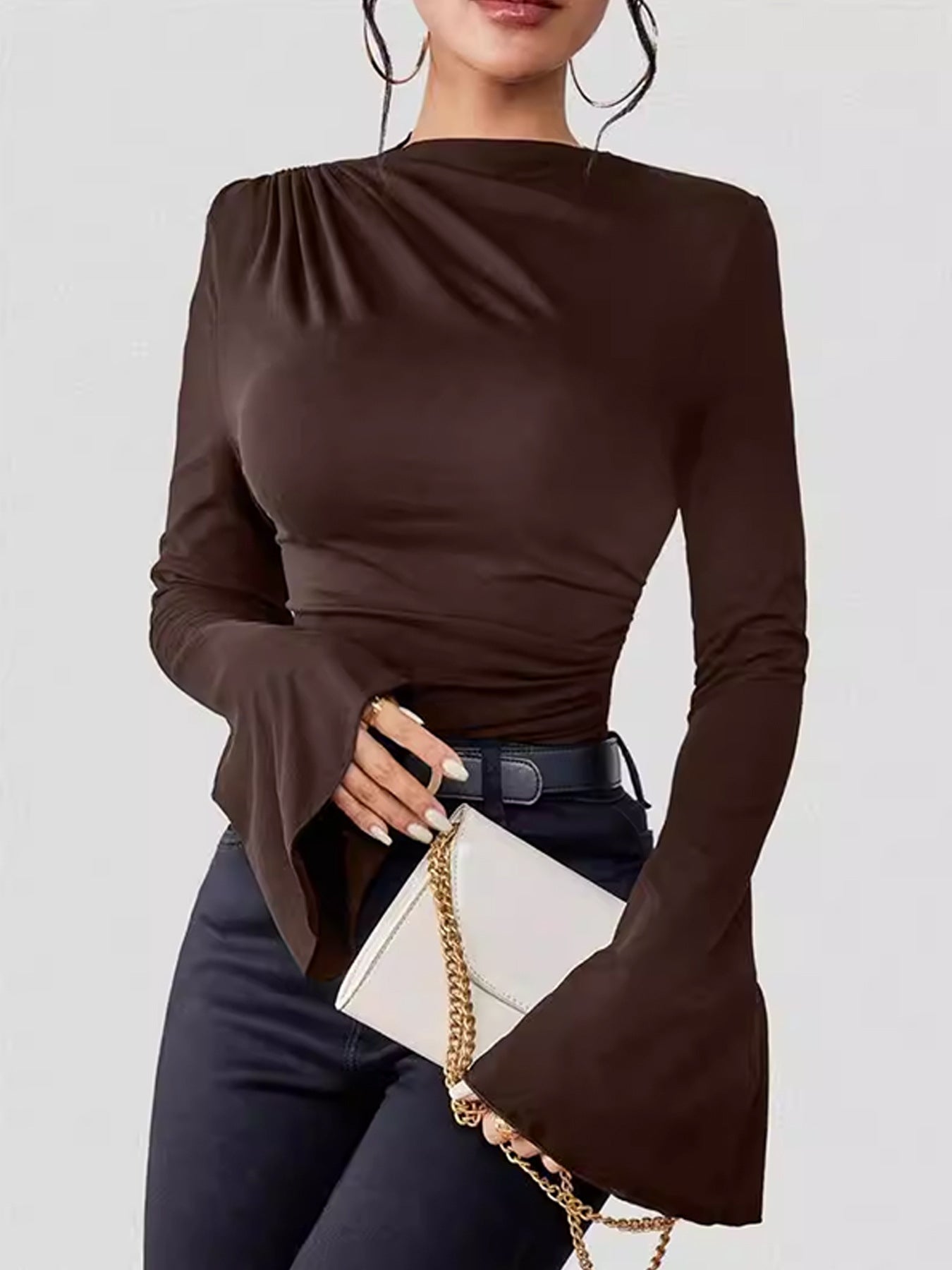 Ruched Bell Sleeve Mock Neck Tee