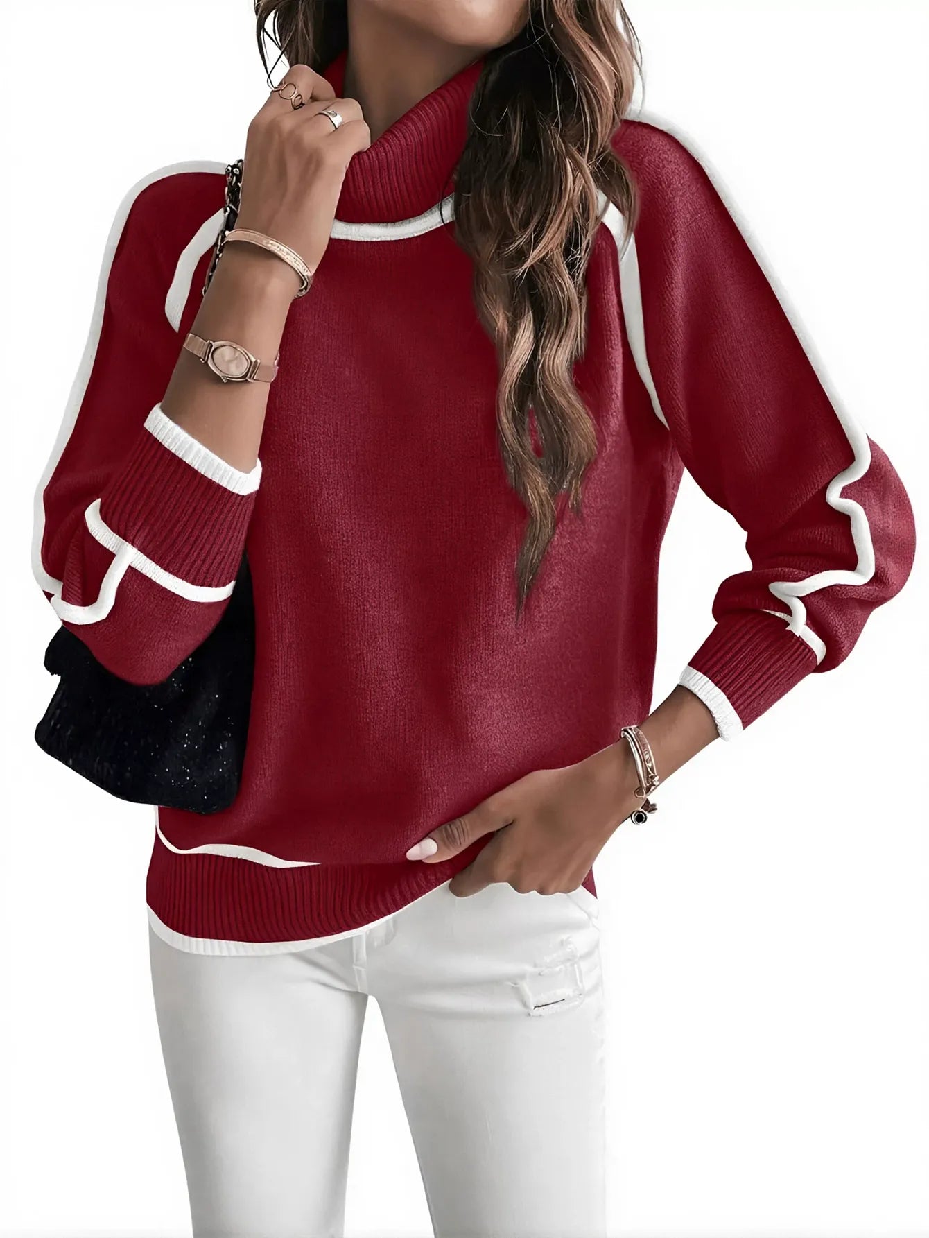 Colorblock Mock Neck Knit Sweater