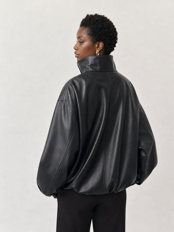 Oversized Stand Collar Faux Leather Jacket