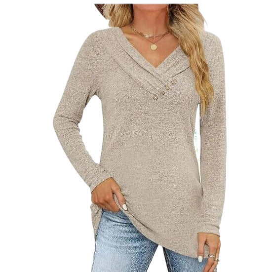 Button V Neck Soft Long Sleeve Tee