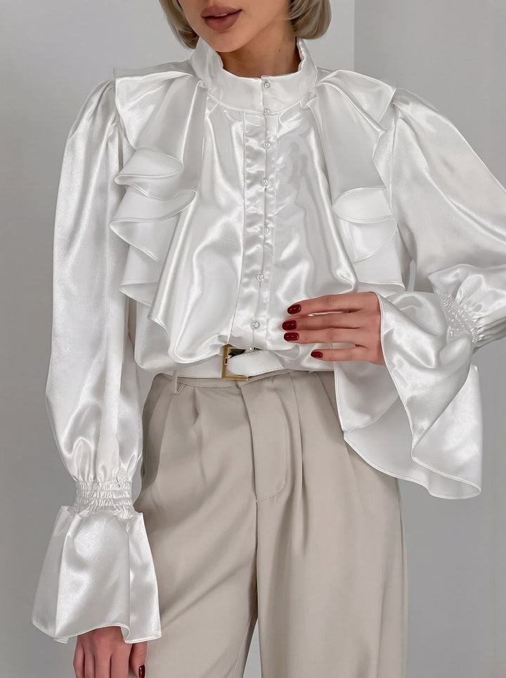Ruffled Satin Button Down Blouse