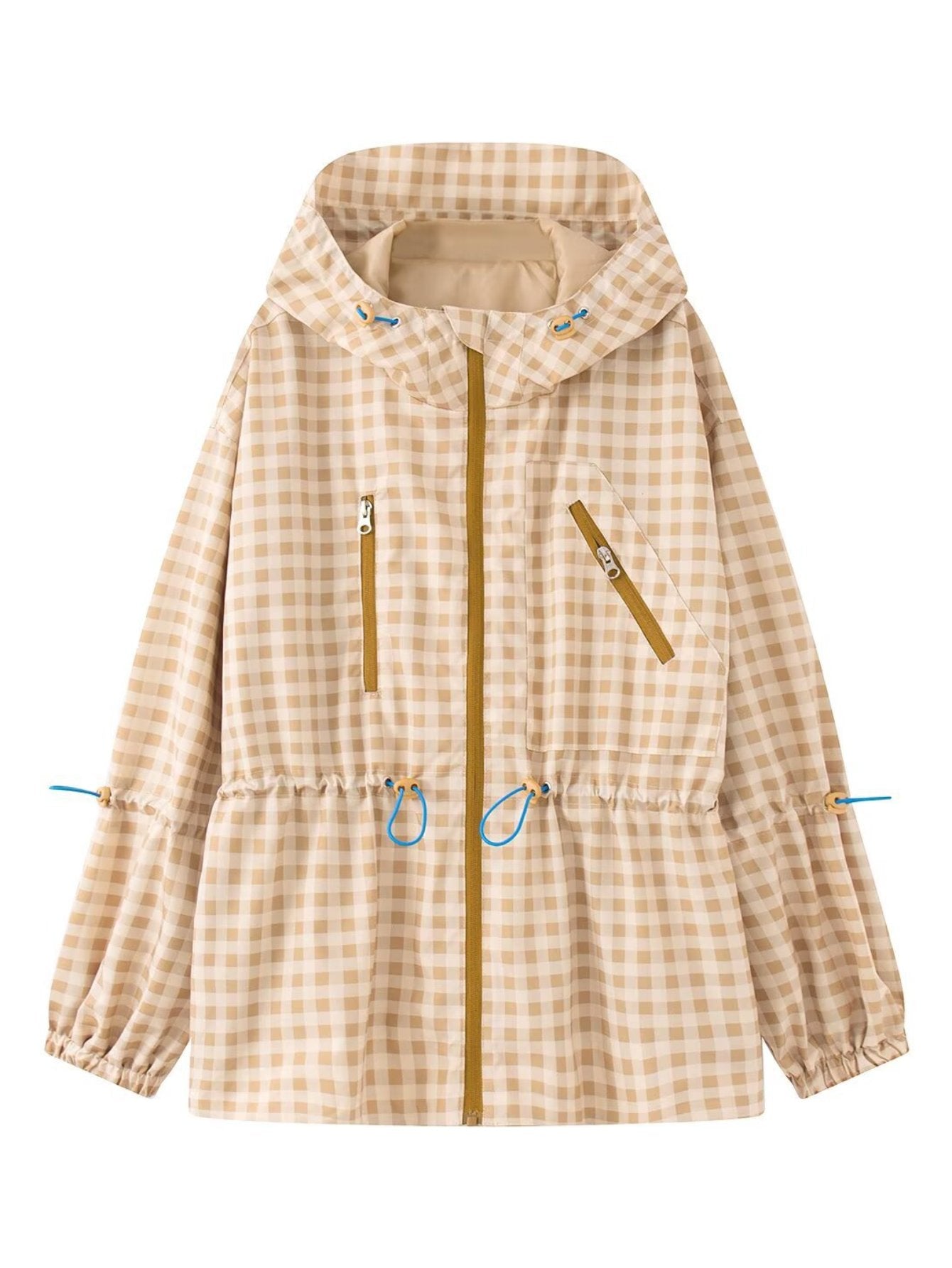 Gingham Drawstring Waist Hooded Jacket