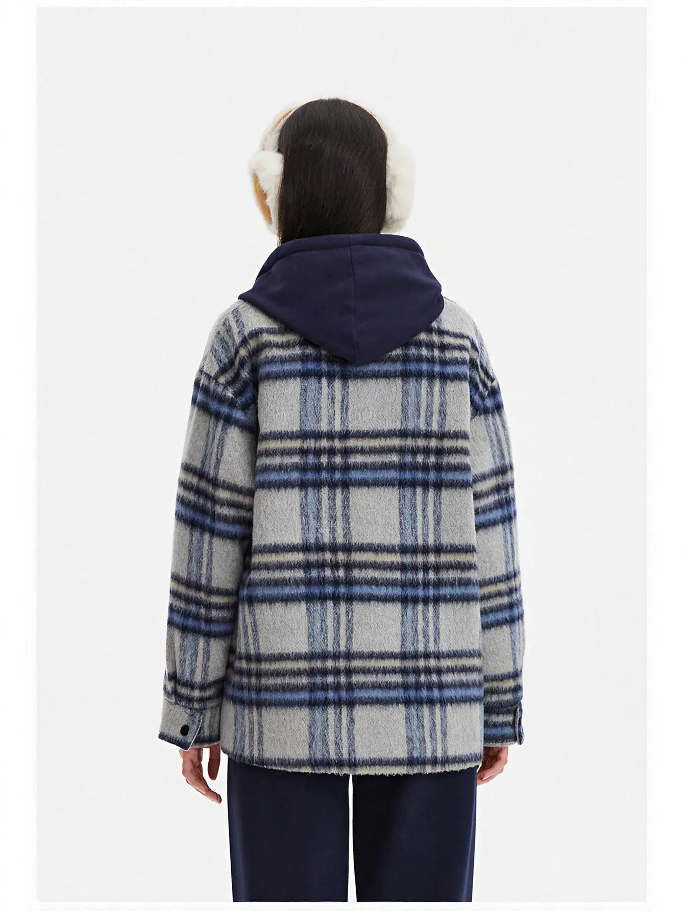 Hooded Plaid Brushed Wool Coat