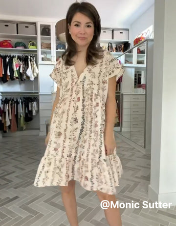 EVA Ditsy Floral Stripe Print V Neck Tiered Babydoll Mini Dress