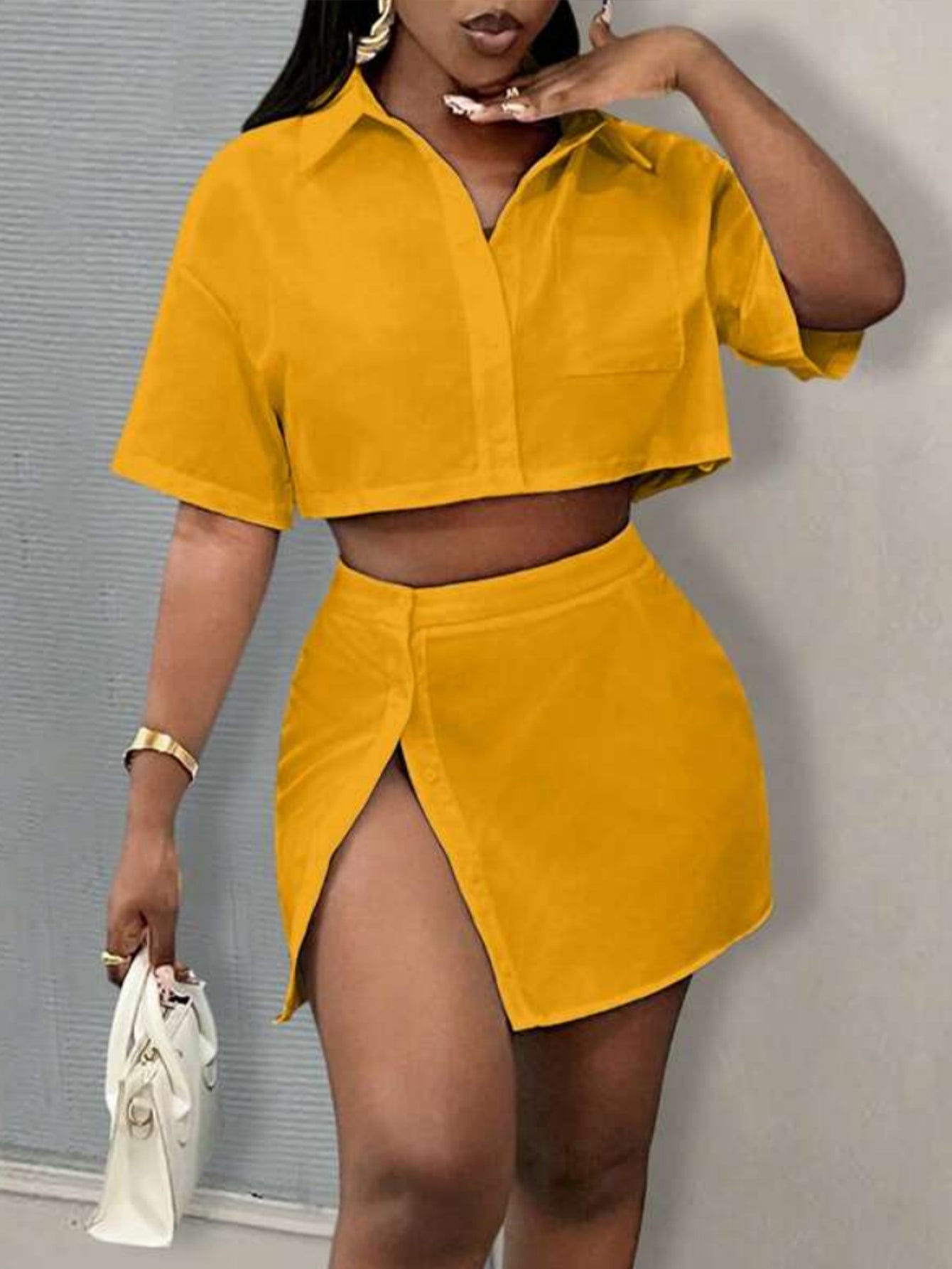 Cropped Shirt High Slit Skirt Set