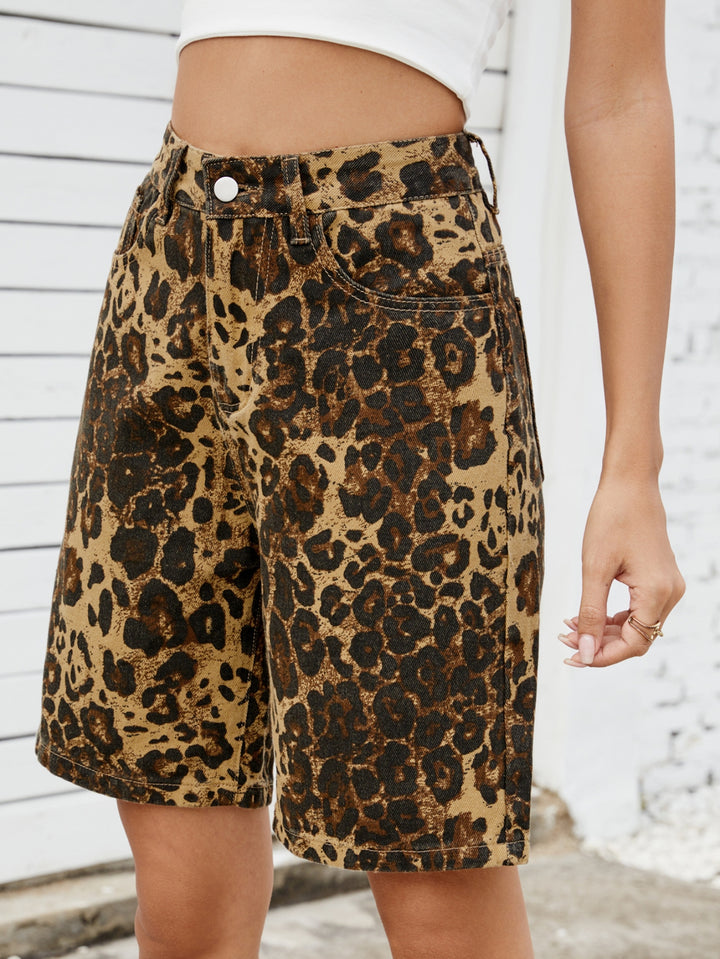 High Waisted Leopard Print Denim Shorts