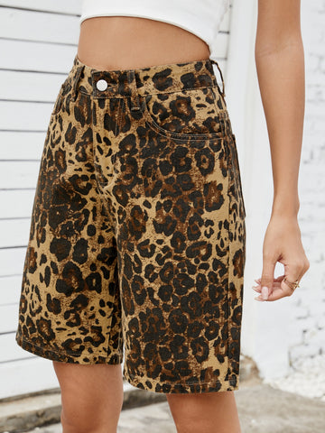 High Waisted Leopard Print Denim Shorts