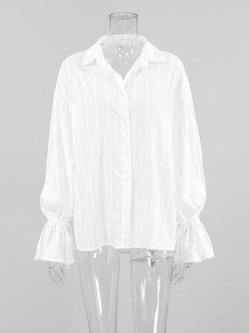 Sheer Striped Ruffle Sleeve Button Shirt