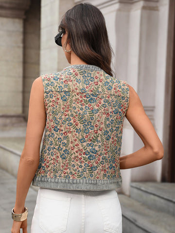 Floral Print Button Down Denim Vest