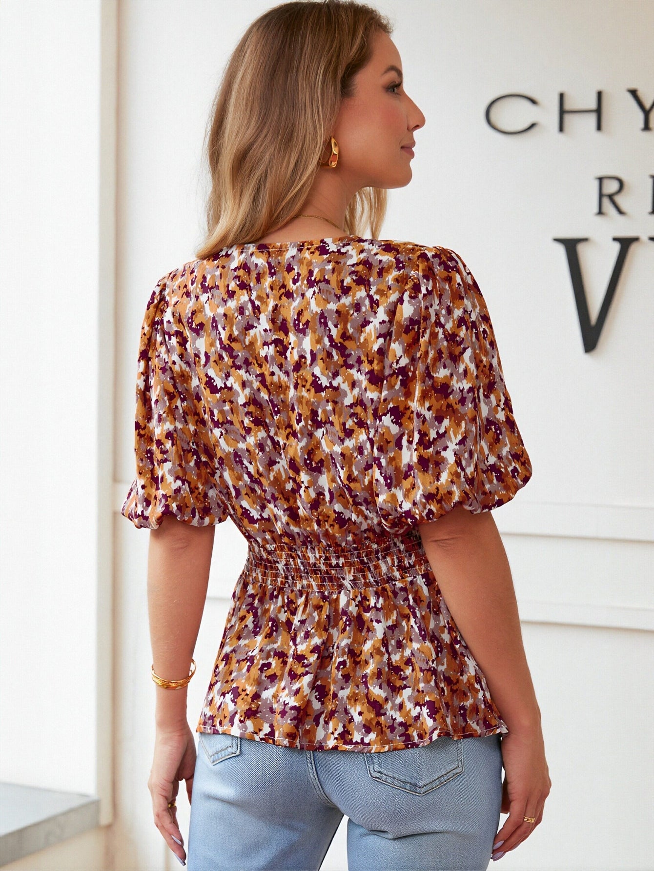 Floral Print Puff Sleeve Chiffon Top