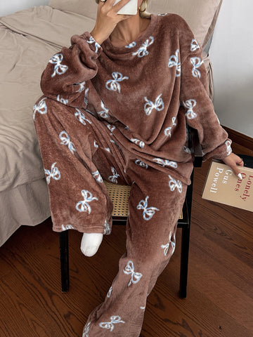 Cozy Plush Bow Print Pajama Set