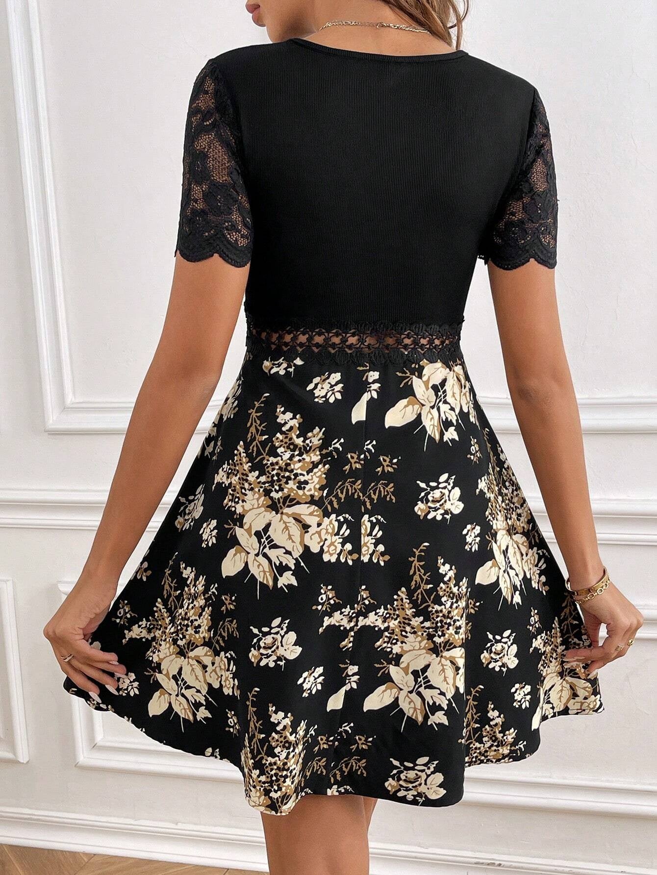 Lace Panel Floral Embroidery V-Neck Elegant Mini Dress-Black
