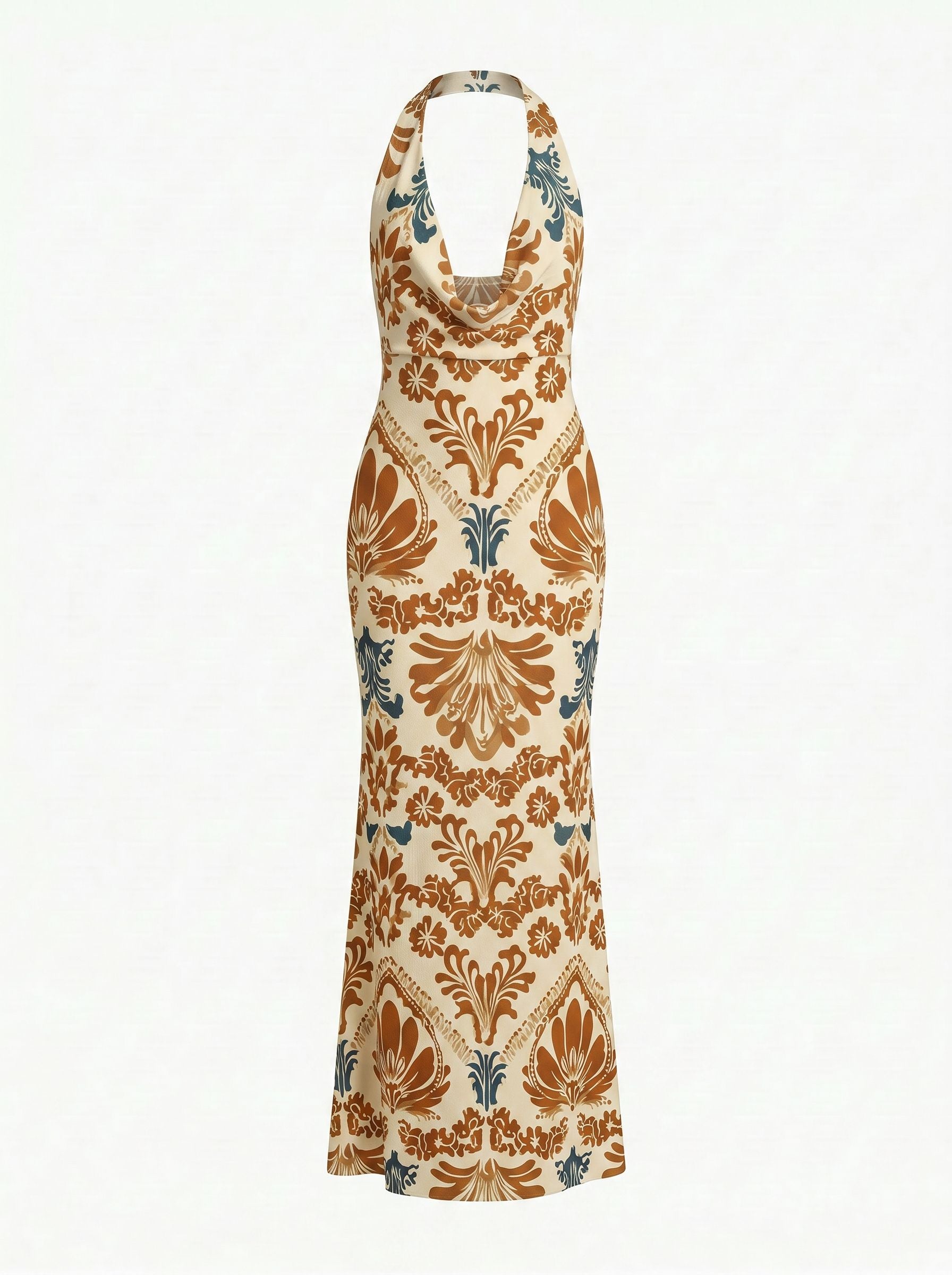 LILA Art Nouveau Botanical Cowl Neck Bodycon Midi Dress