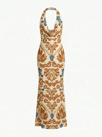 LILA Art Nouveau Botanical Cowl Neck Bodycon Midi Dress