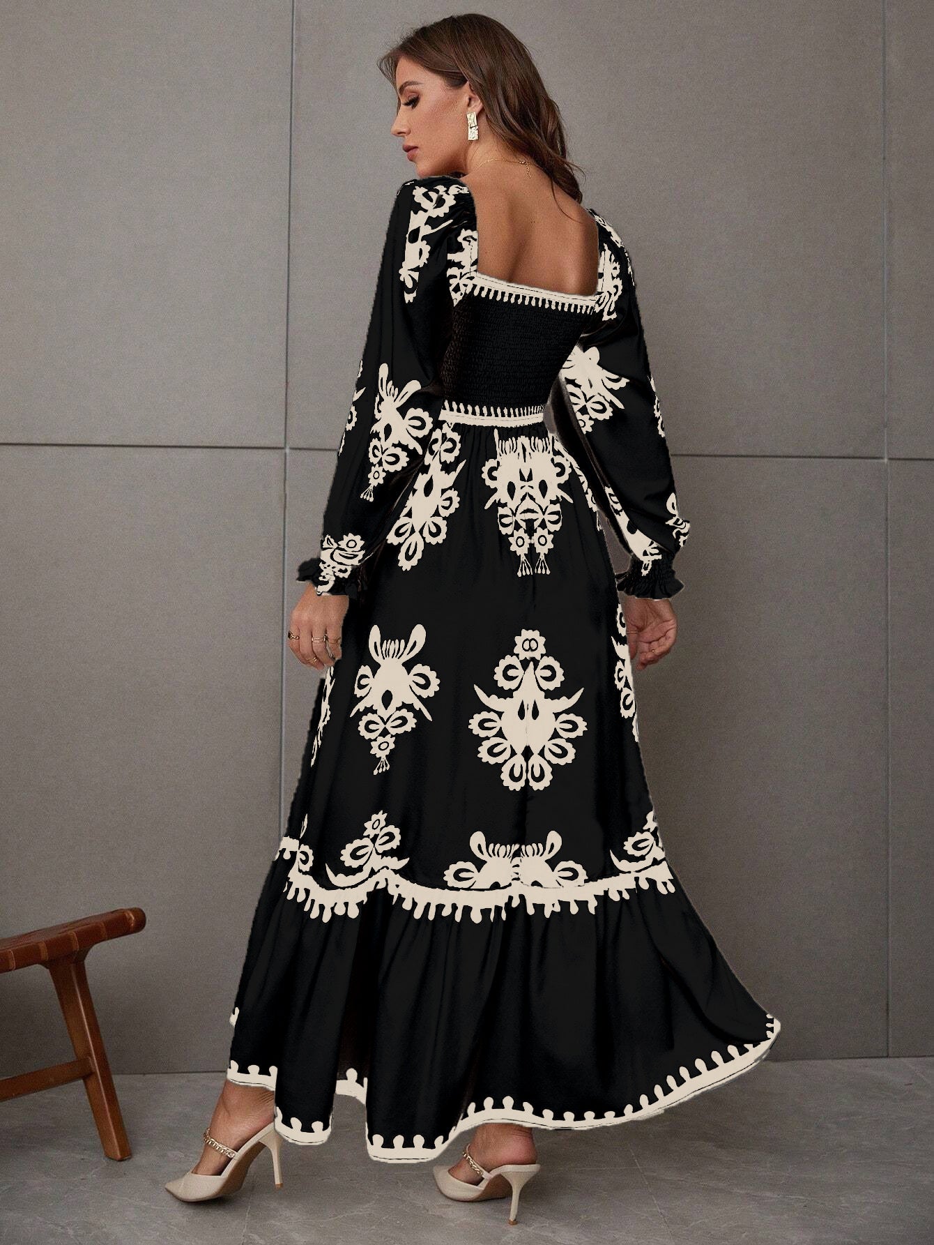 Embroidered Smocked Square Neck Maxi Dress