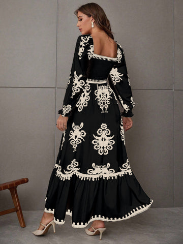 Embroidered Smocked Square Neck Maxi Dress