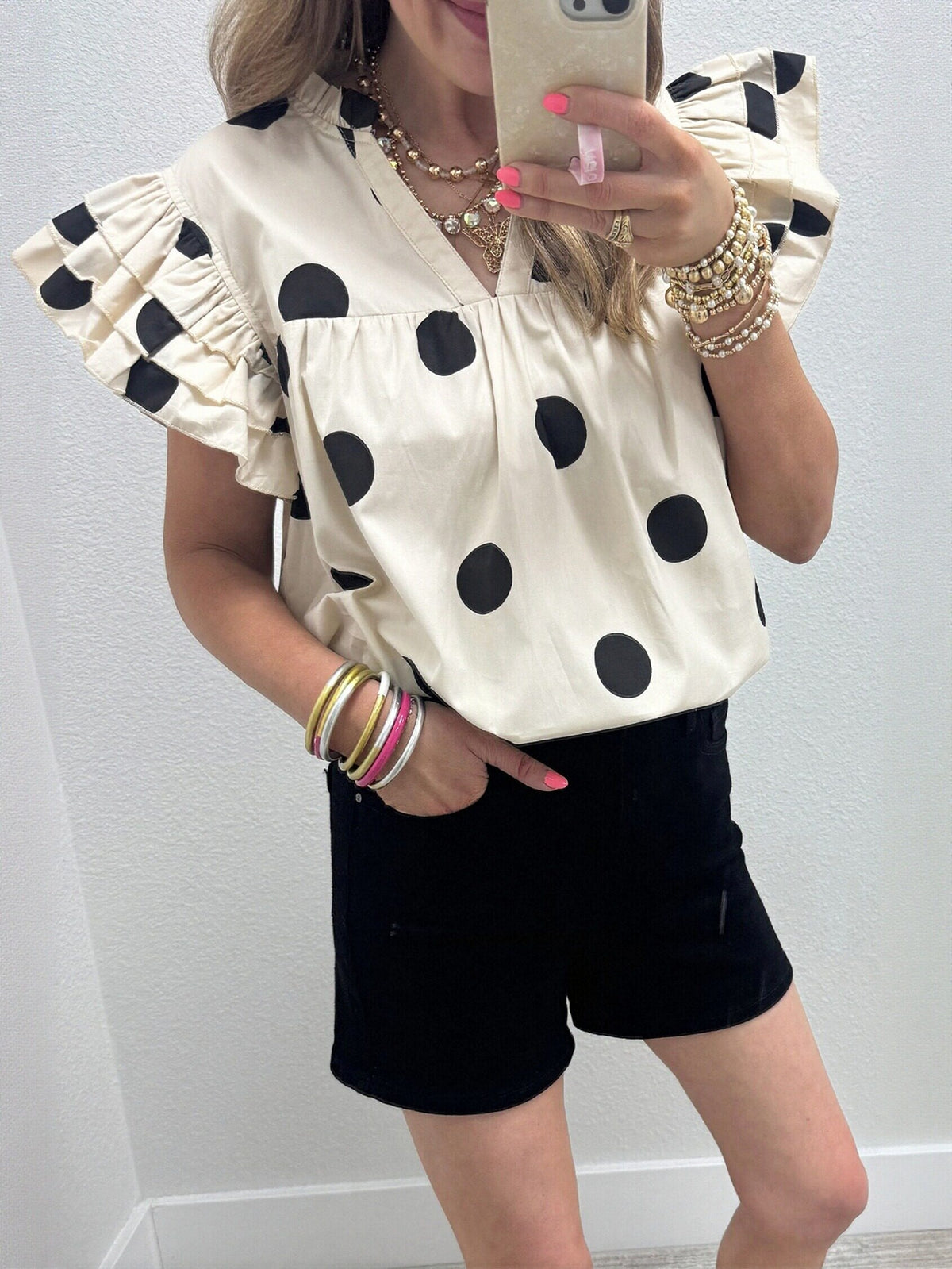 Polka Dot Ruffle Sleeve Blouse