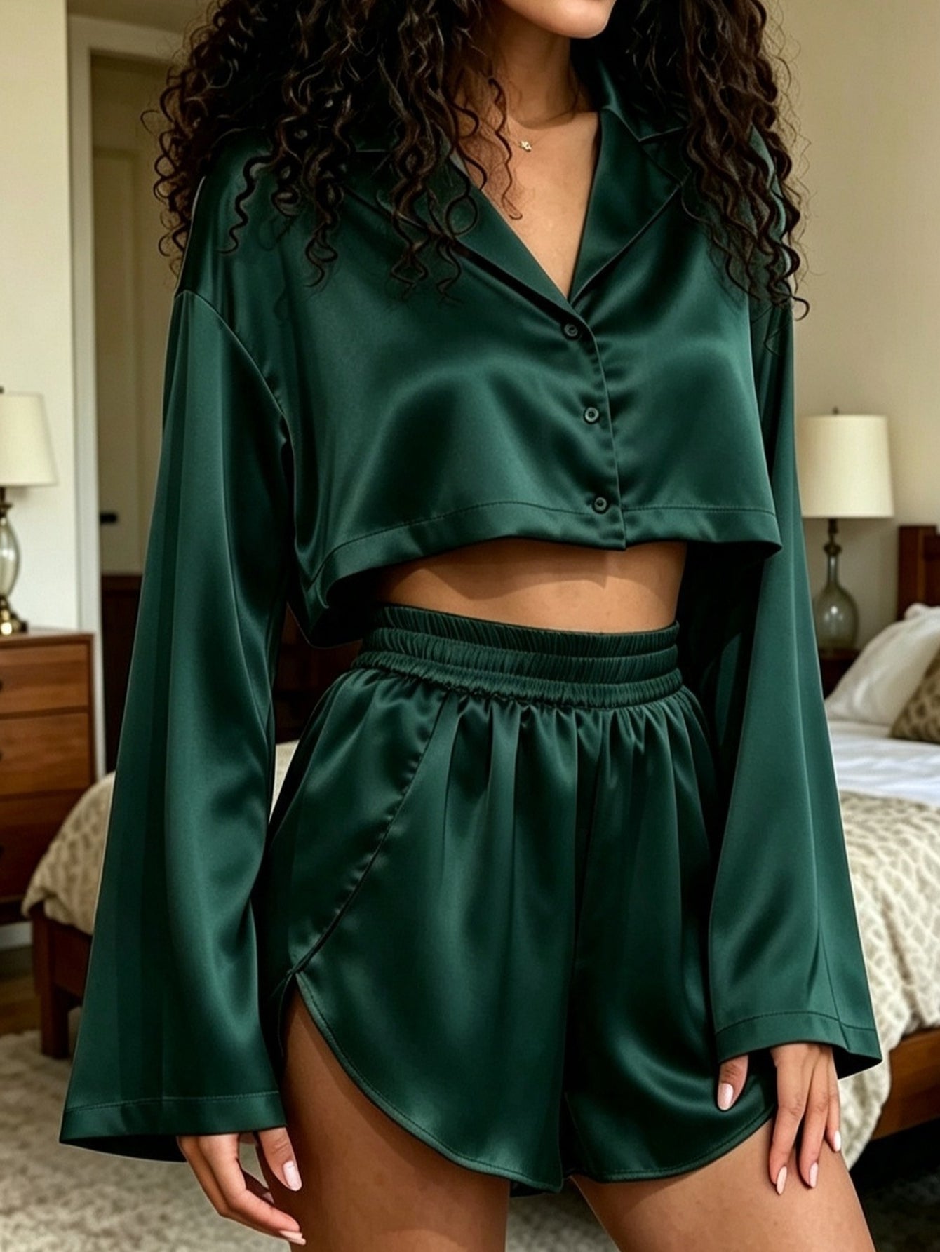 Satin Cropped Flare Lounge Set