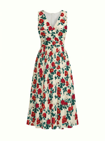 CORINNE
Floral Print V Neck A Line Midi Dress