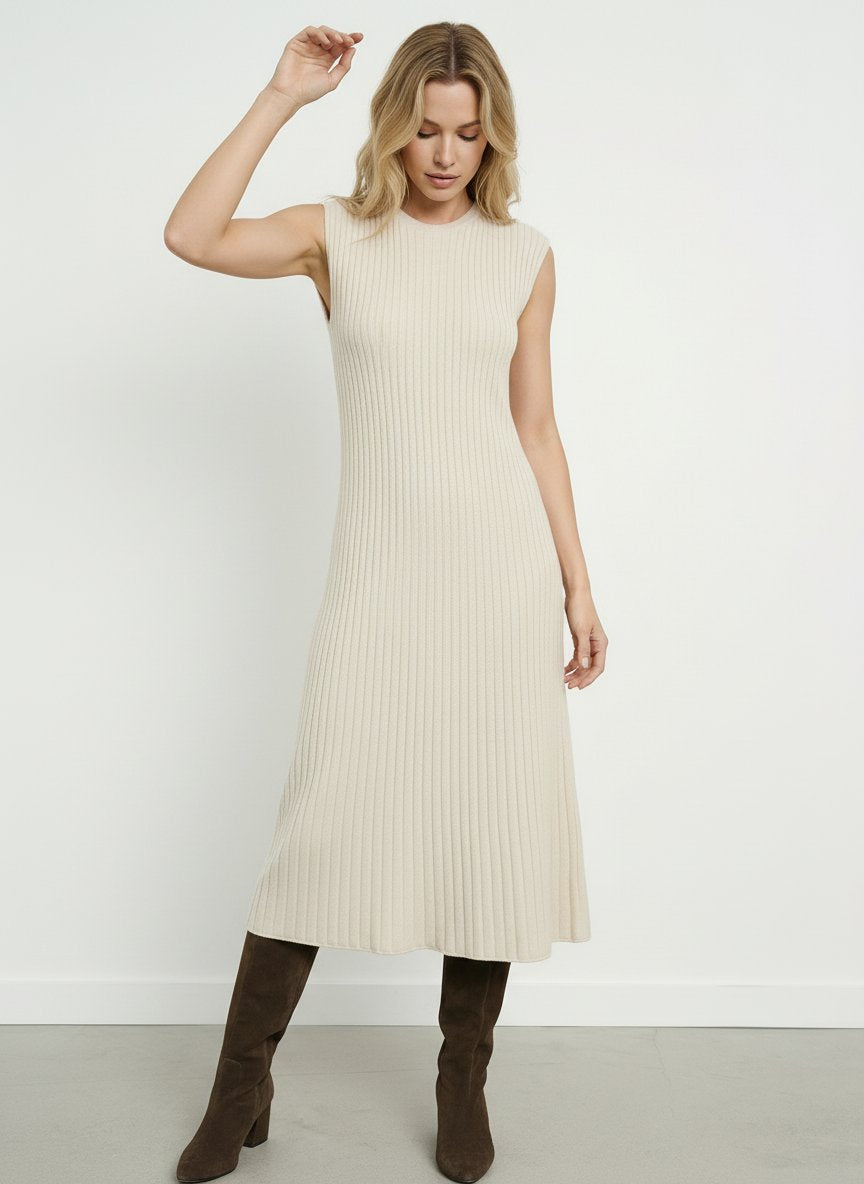 Solid Color Slim Fit Wool Knit Eleant Midi Dress-White