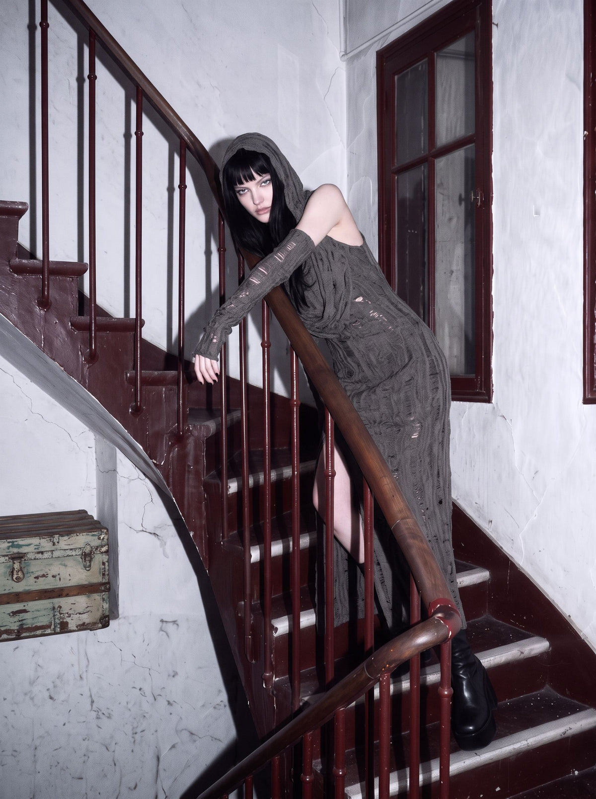 Distressed Hooded Slit Maxi Dress