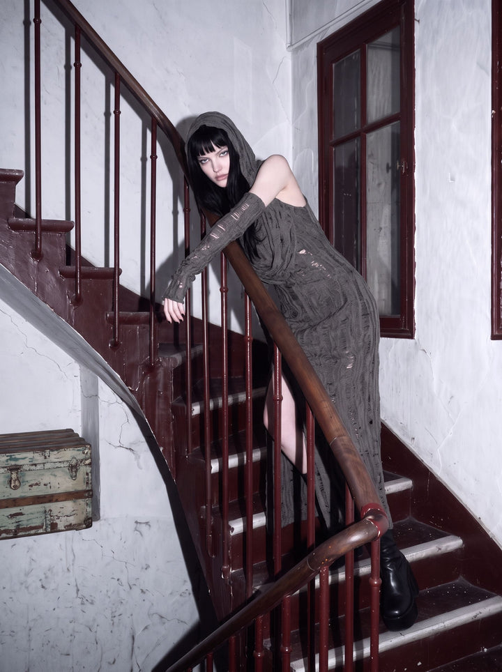 Distressed Hooded Slit Maxi Dress