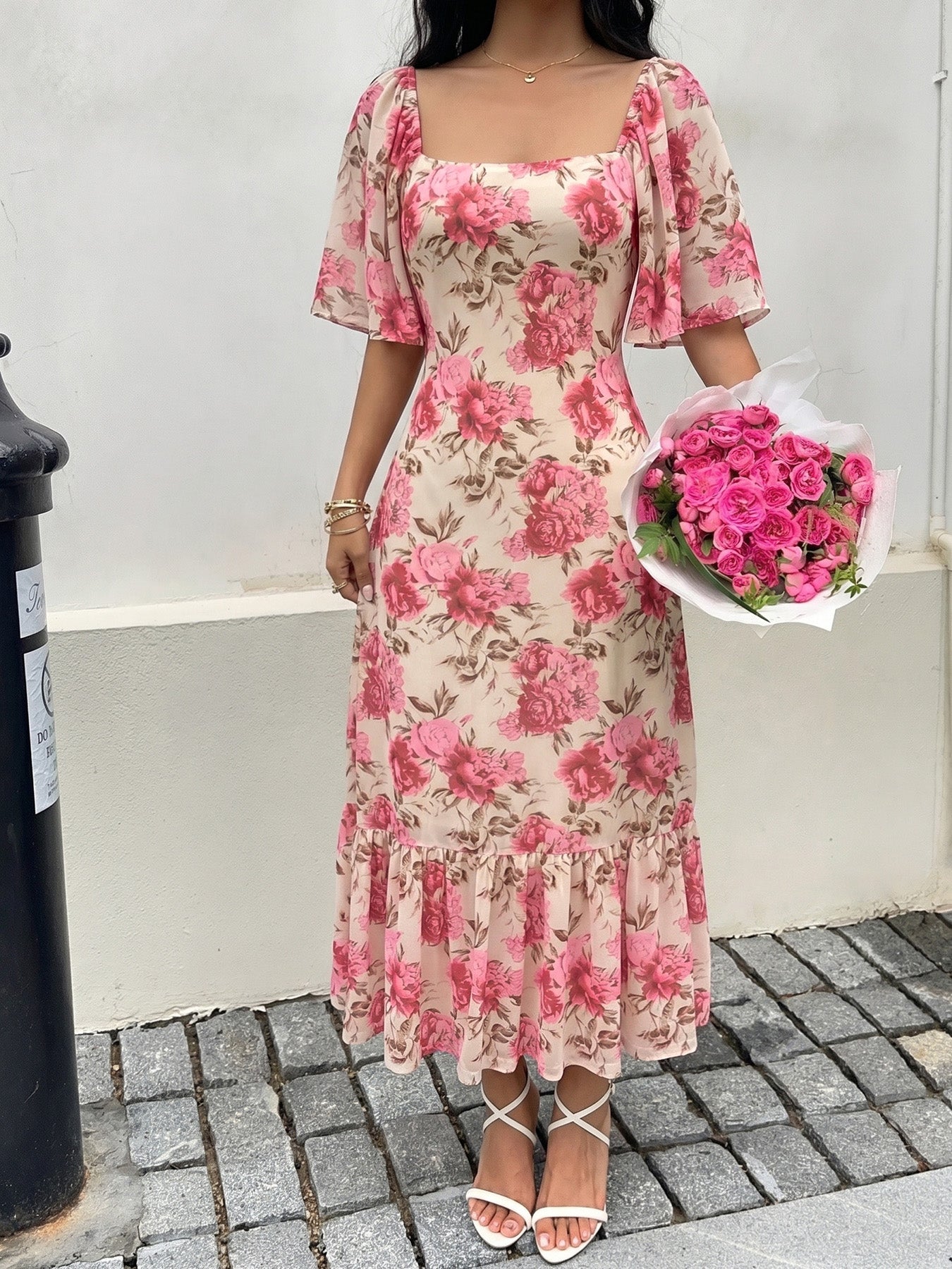 Floral Flutter Sleeve Midi Dress