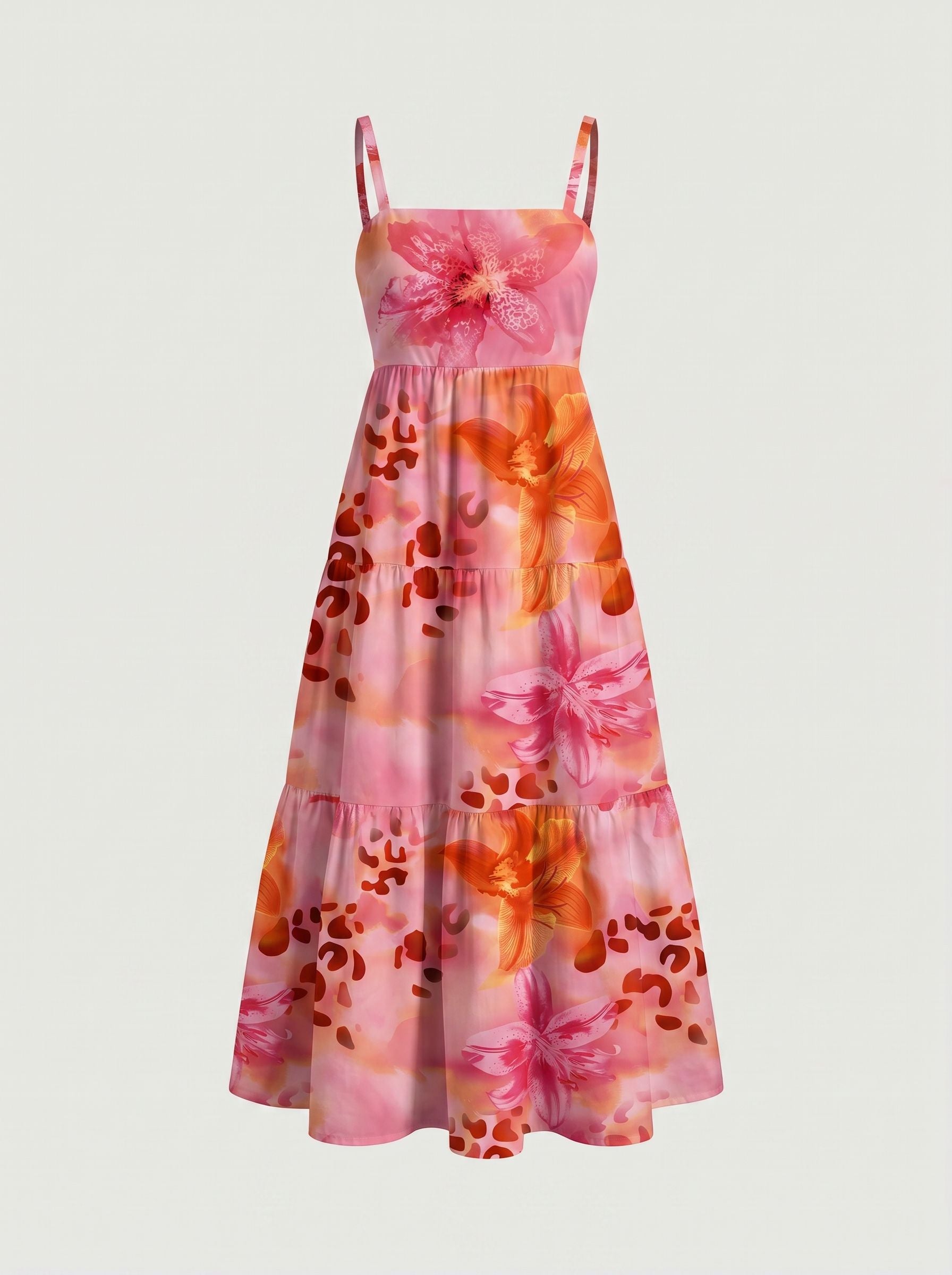 FLORA Floral Print Tiered Strap Midi Dress