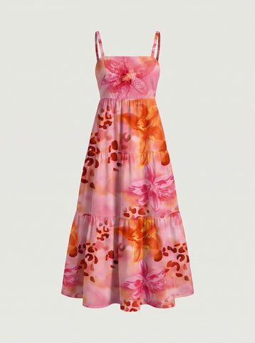 FLORA Floral Print Tiered Strap Midi Dress