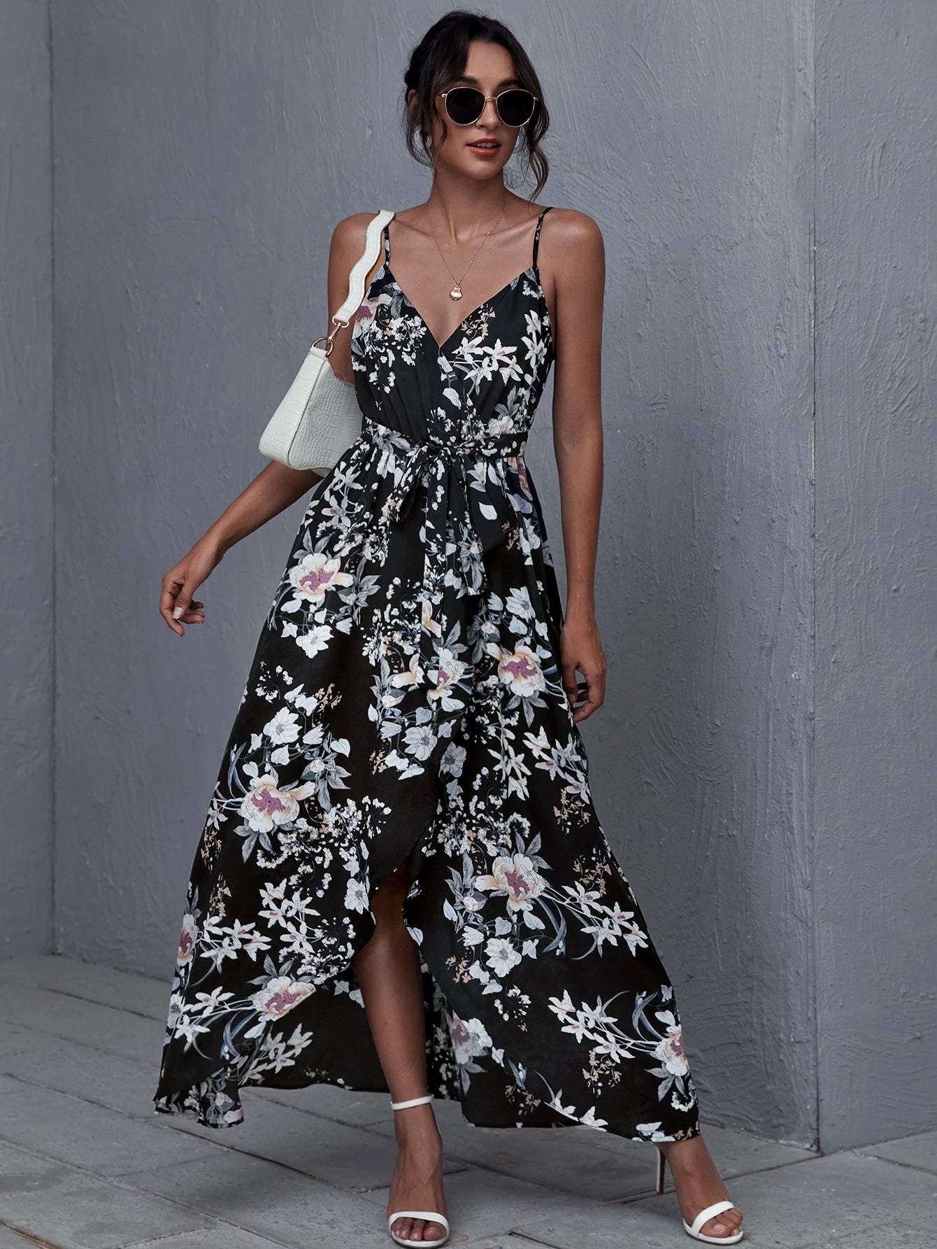 Spaghetti-Strap Floral-Print High-Slit Elegant Maxi Dress-Black