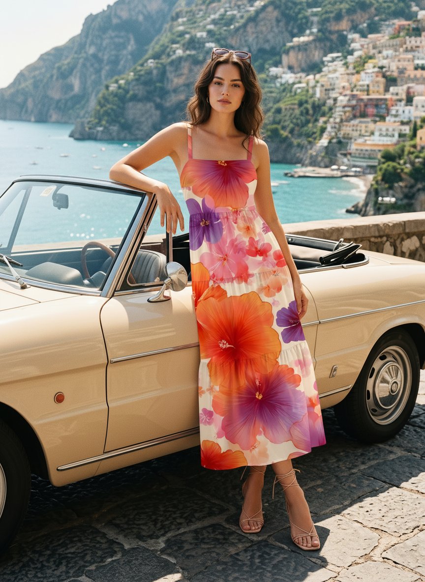 FLORA Floral Print Tiered Strap Midi Dress