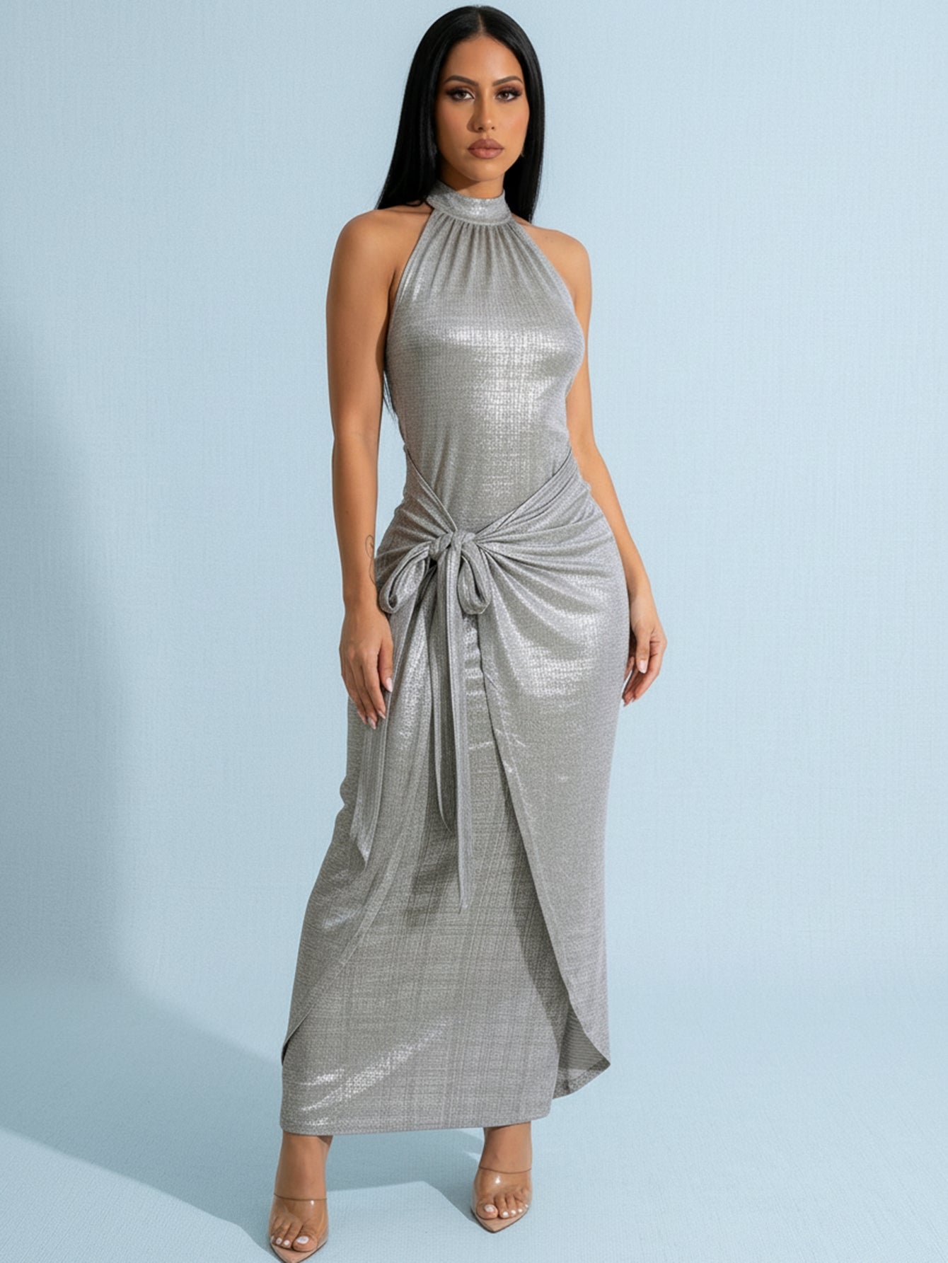 Haltered Neck Wrap Waist Glamorous Midi Dress