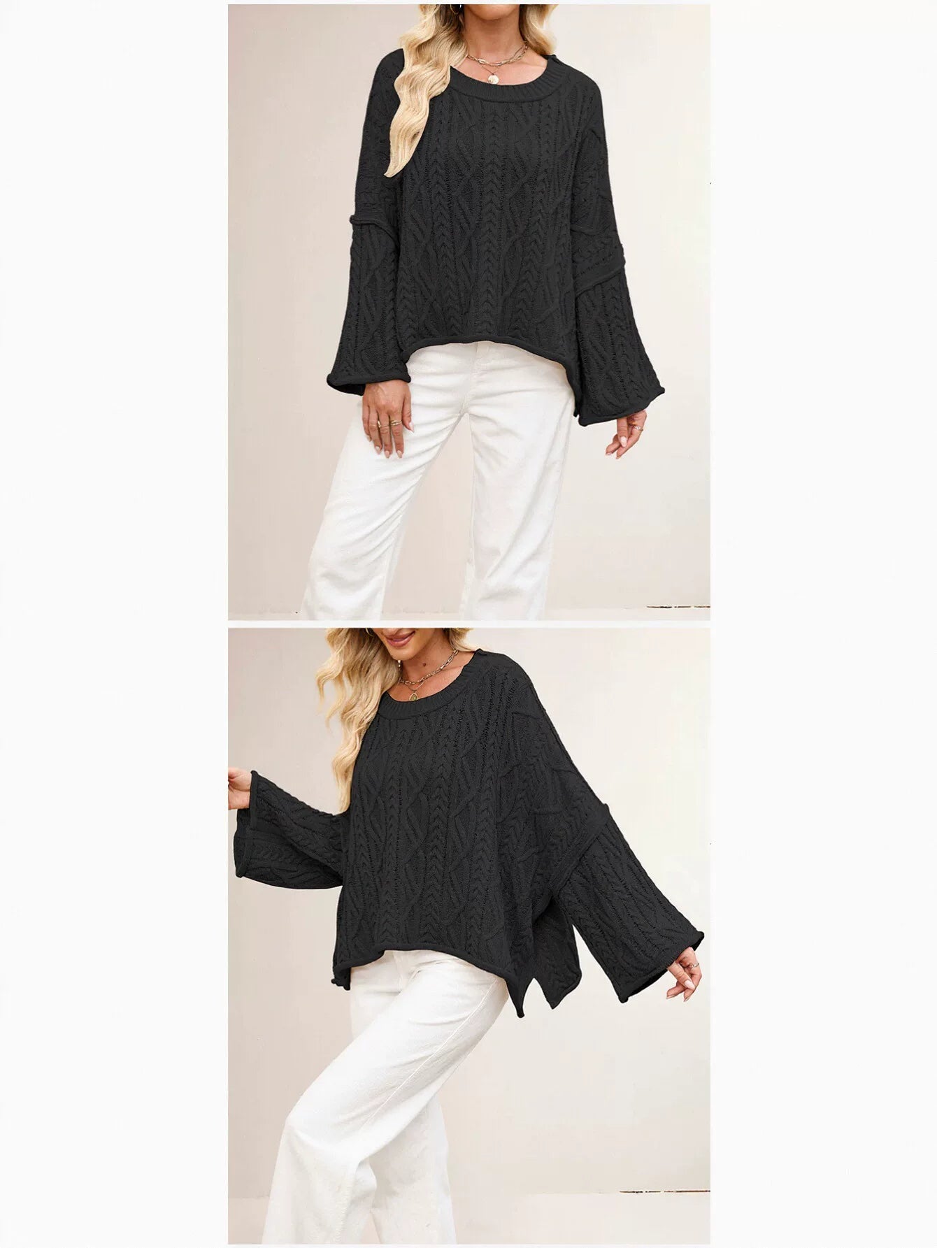 Oversized Cable Knit Bell Sleeve Sweater