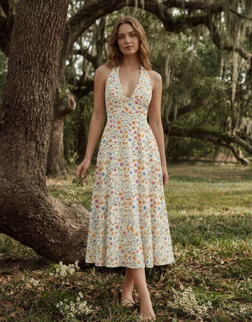 AURELIA Floral Print Halter Neck Tie Back Midi Dress