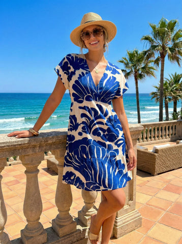 EVA Mediterranean Tile V Neck Tiered Babydoll Mini Dress