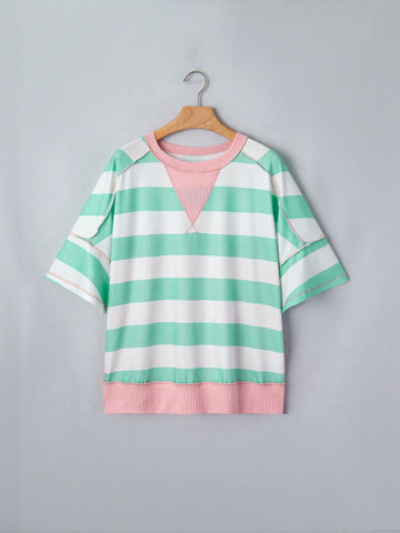 Oversized Striped Contrast Trim T Shirt