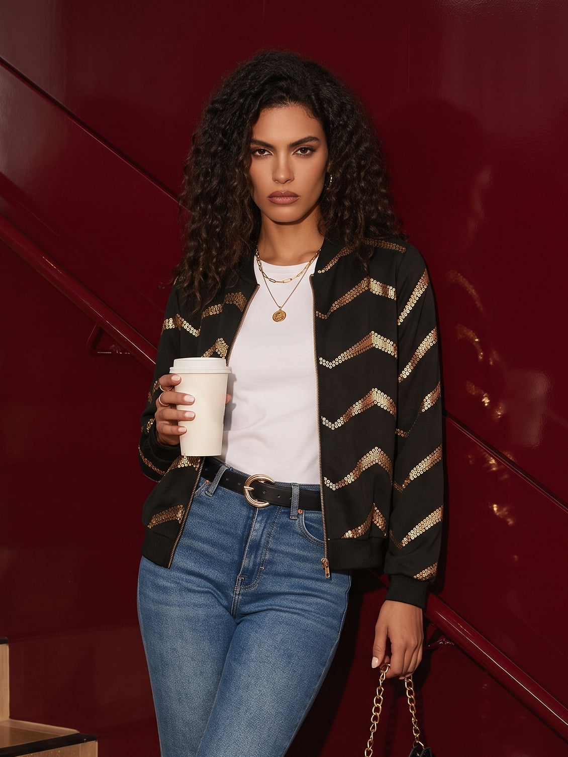 Sequin Chevron Pattern Zip Bomber Jacket