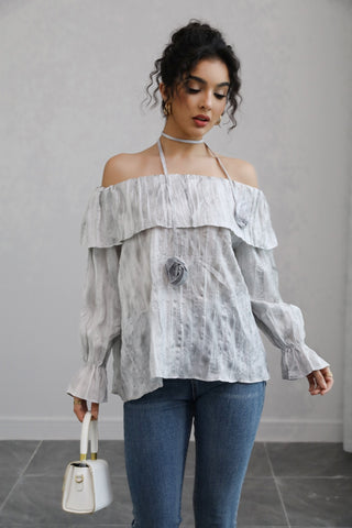 Off-the-Shoulder Ruffled Rose-Embellished Chic Blouse-Gray