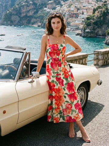 FLORA Floral Print Tiered Strap Midi Dress