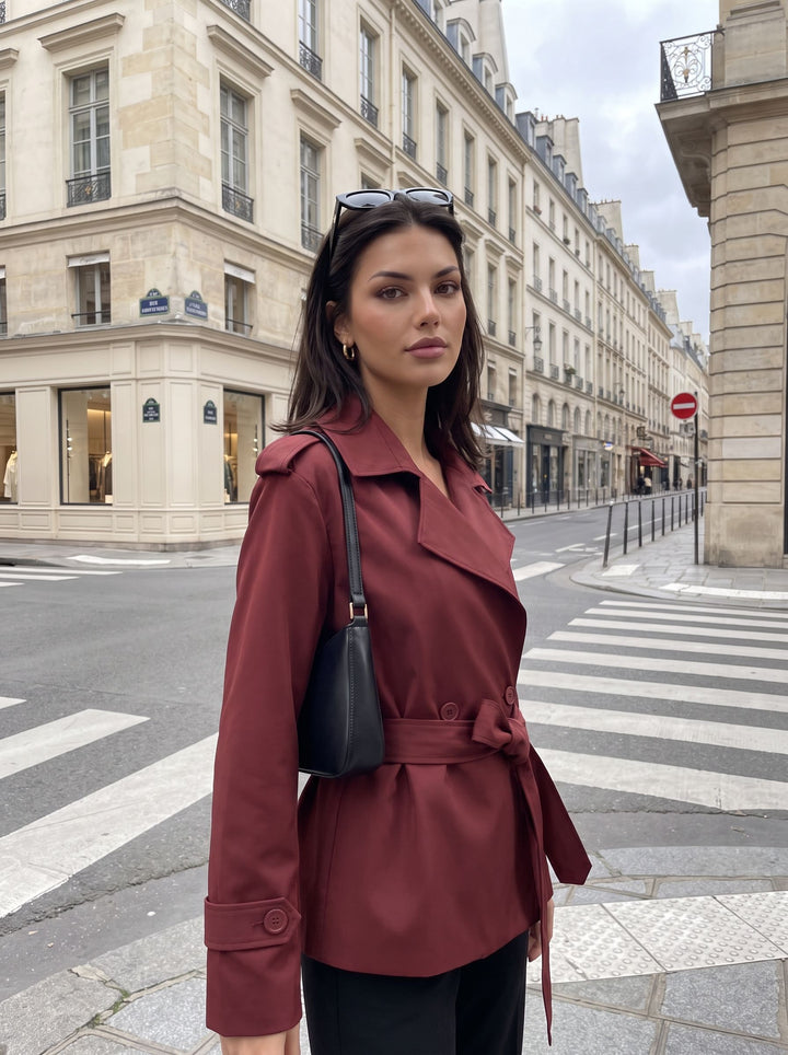Cropped Belted Double Breasted Trench Coat