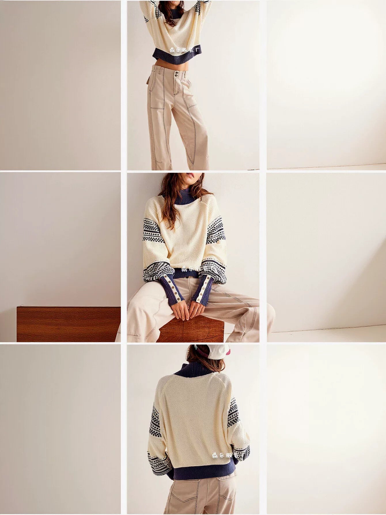 Oversized Button Cuff Thermal Pullover Sweater