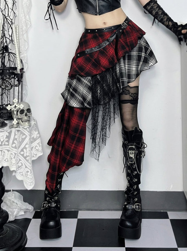 Gothic Plaid Asymmetric Lace Mini Skirt