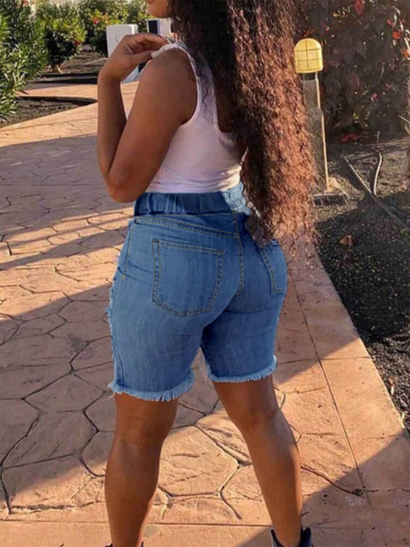 Drawstring-Waist Ripped Casual Denim Shorts-Black