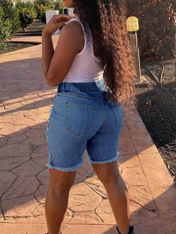 Drawstring-Waist Ripped Casual Denim Shorts-Black