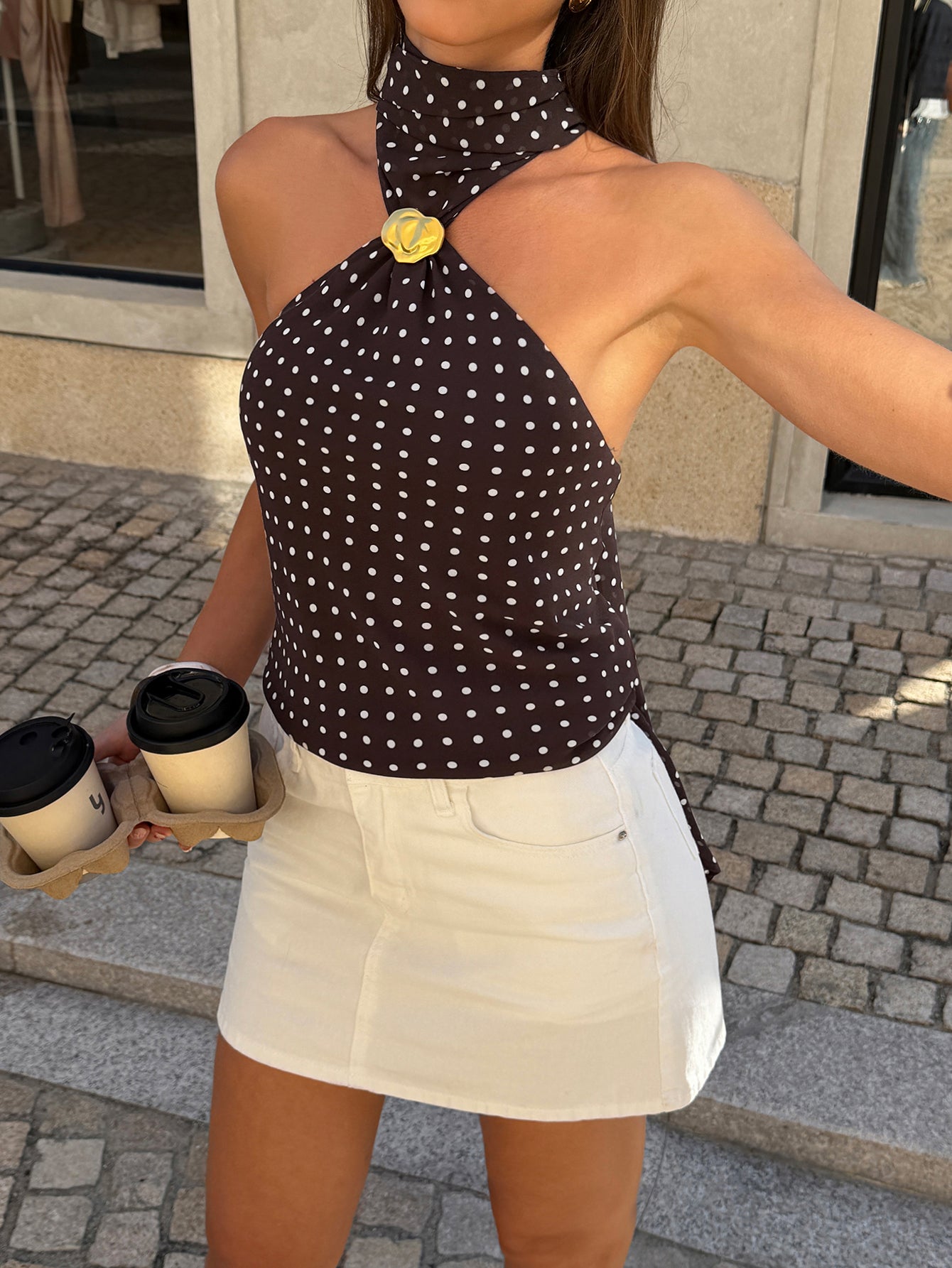 Halter Sleeveless Polka-dots Clasp Decoration Vacation Camisole-Brown