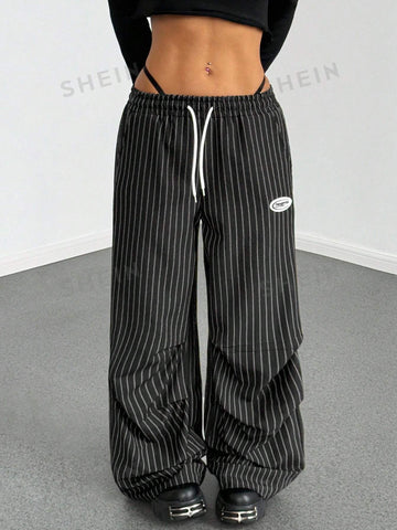 Pinstripe Drawstring Baggy Wide Leg Pants