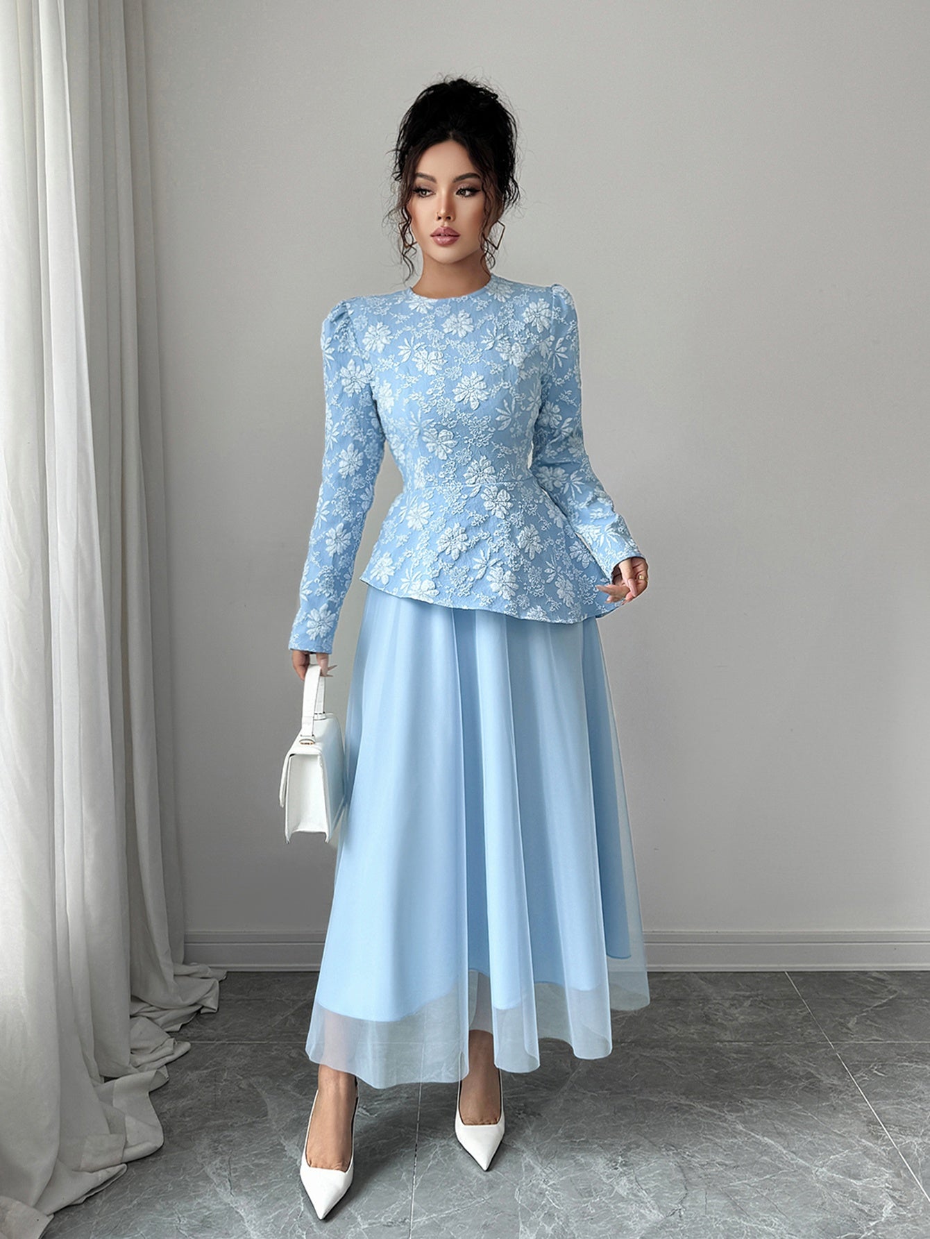 Floral Embroidered Tulle Midi Dress