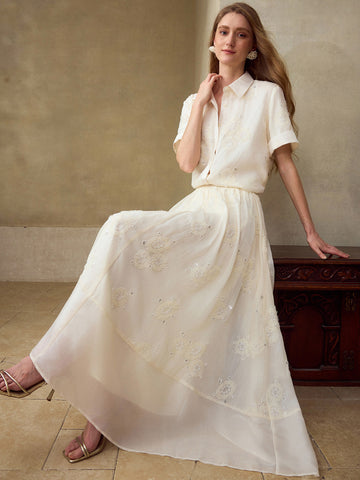 Embroidered Sheer Flowy Maxi Skirt